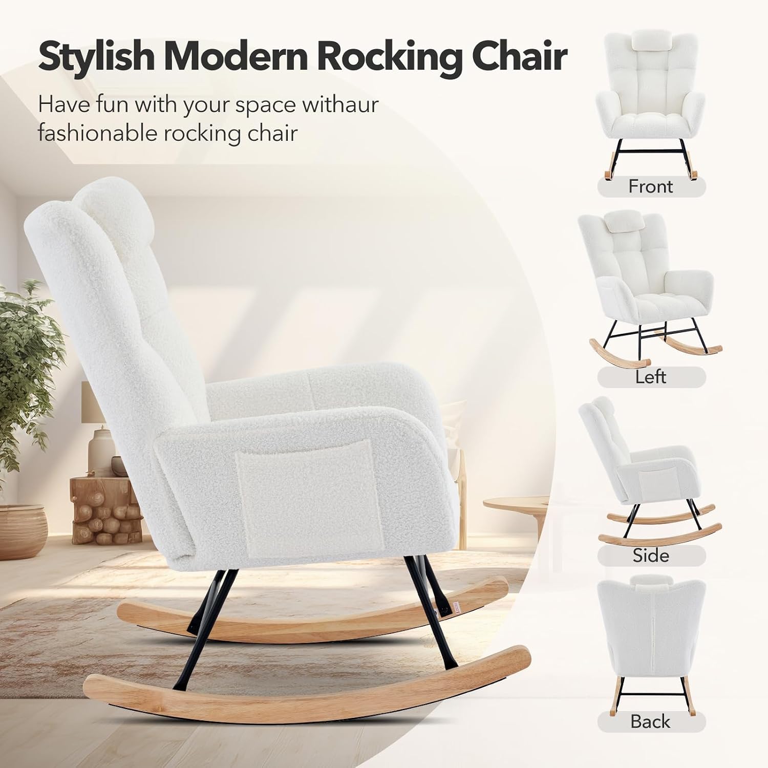Nursery Rocking Chair - Teddy Upholstered Glider Rocker for Adults, Wood Legs, Two Side Pockets, Padded Seat, High Backrest, Glider Chair for Living Room, Bedroom, Small Spaces - Beige