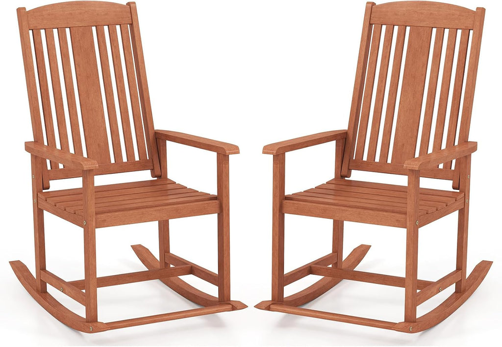 Tangkula Outdoor Patio Wood Rocking Chair, Relaxing Rocker w/High Backrest, Wide Armrests, Curved Seat, for Porch, Patio, Garden, Backyard, 400 LBS Support, Natural (2)