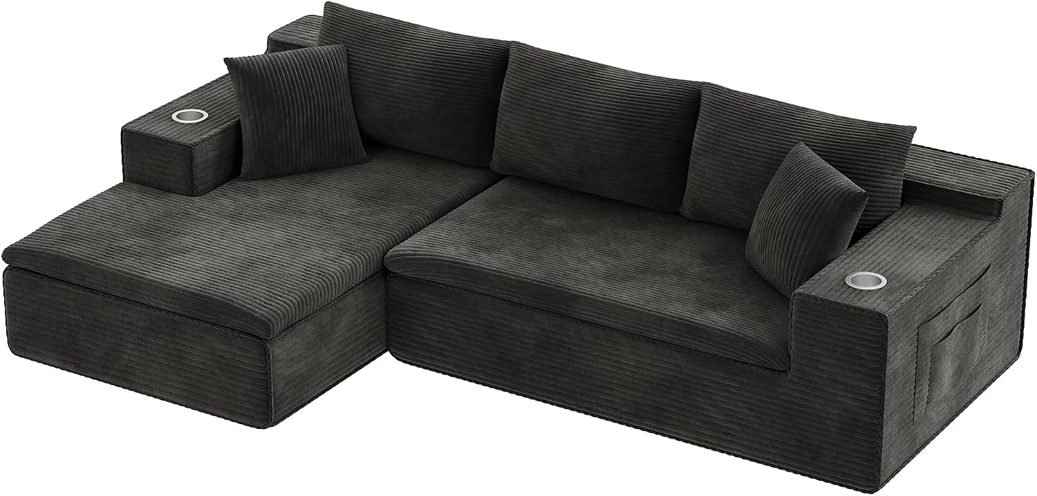 Homall 109' Boneless Couch with Memory Foam, Modular Sectional Sofa with L-Shape Chaise, Cloud Couch with Deep Seat, Dual Cup Holders & Side Pockets, No Assembly Required (Black)