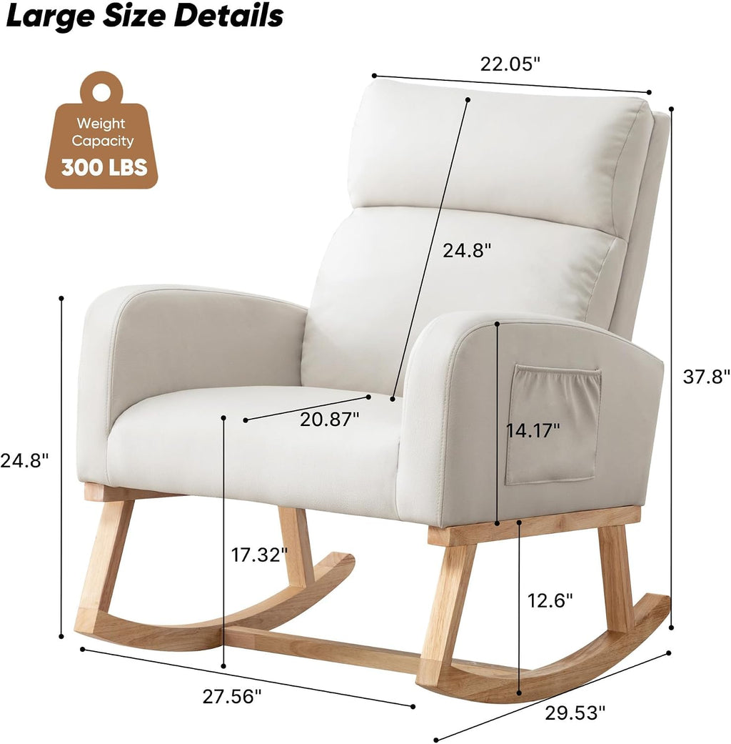 HCHAIRH Rocking Chair Nursery, Modern Nursing Glider Rocking Chairs Comfy Rocker Armchair with Solid Wood Legs for Nursery Living Room, Bedroom (Pu Beige)