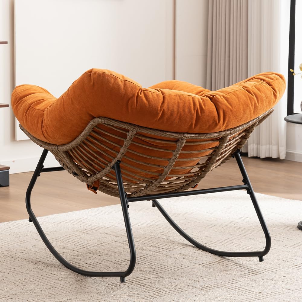 Outdoor Papasan Chair, Oversized Rocking Chair with Cushion and Metal Frame, Patio Lounge Rocking Chair for Balcony Backyard Porch Bedroom Living Room (Orange)