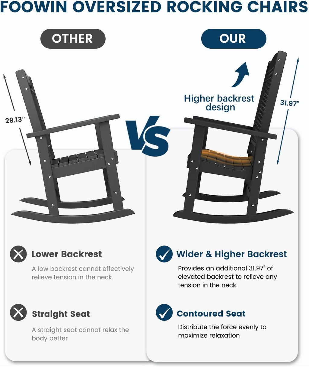 FOOWIN Outdoor Rocking Chair Set of 8, High Back Patio Rocking Chair, HDPE All Weather Resistant Porch Rocker for Adult, Oversized Rocking Chairs for Garden, Lawn, Indoor & Outdoor Use, Black