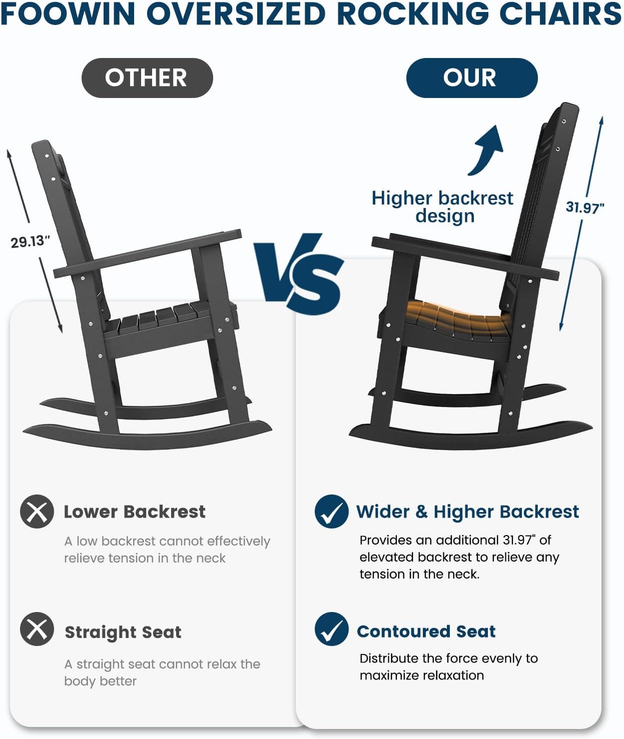 FOOWIN Outdoor Rocking Chair Set of 6, High Back Patio Rocking Chair, HDPE All Weather Resistant Porch Rocker for Adult, Oversized Rocking Chairs for Garden, Lawn, Indoor & Outdoor Use, Black