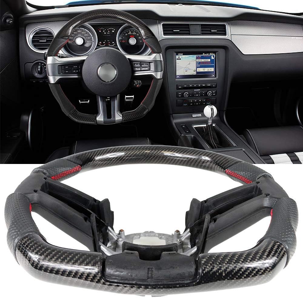IKON MOTORSPORTS, Steering Wheel Compatible With 2010-2014 Ford Mustang, Black Carbon Fiber & Perforated Leather Steering Wheel Brushed Kit With Red Stitching, 2011 2012 2013