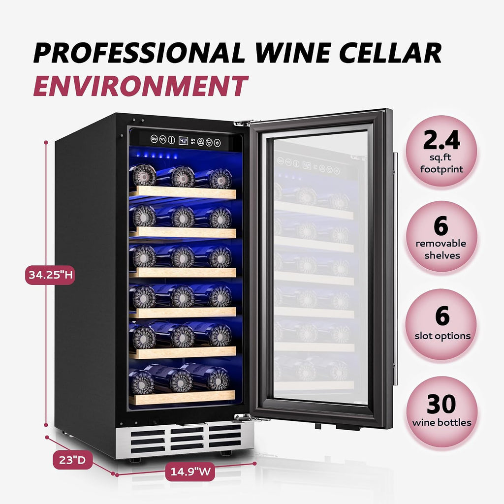 Icyglee 15 Inch Wine Cooler Refrigerator, 30 Bottle Wine Fridge with Stainless Steel Glass Door & Digital Temperature Control, Built-in/Freestanding Wine Cooler with Removable Shelves, 3.6 CU.FT