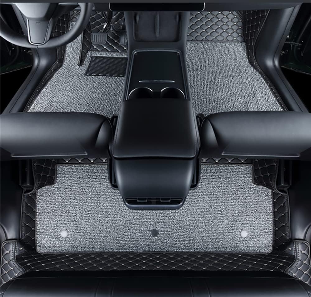 Compatible with Tesla Model Y(2020-2025) Floor Mats Luxury Leather + Topper Carpet Compatible with Tesla Model Y 5 Seater Floor Liners All-Weather (Black/Beige)