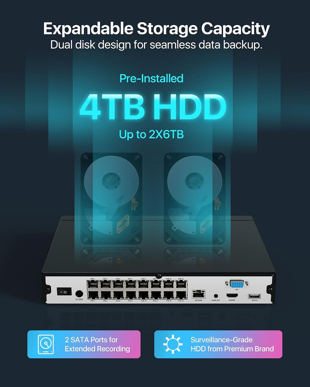 ZOSI 4K 24CH Network Video Recorder, 24 Channel 16-Port 8MP Dual-Disk Backup POE NVR Surveillance System, Pre-Installed 4TB Hard Drive, 24/7 Recording, Only Work with 4K/5MP/4MP/3MP HD ZOSI PoE Camera