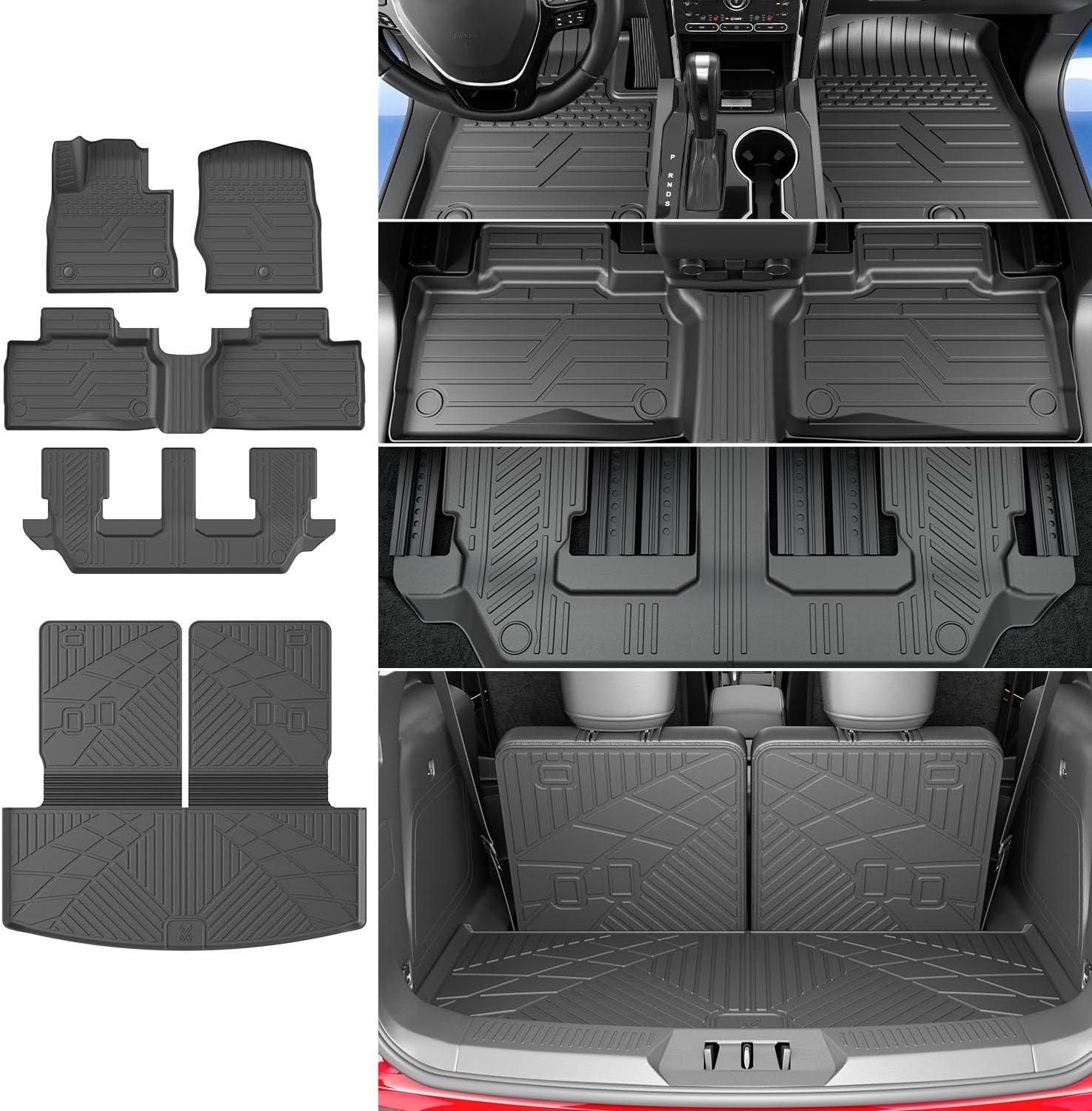 powoq 7 Seats Floor Mats Compatible with 2020-2026 Ford Explorer Cargo Mat Floor Liner Cargo Liner TPE Replacement for 2020-2026 Ford Explorer Accessories (Trunk Mat with Backrest Mat+Floor Mats)