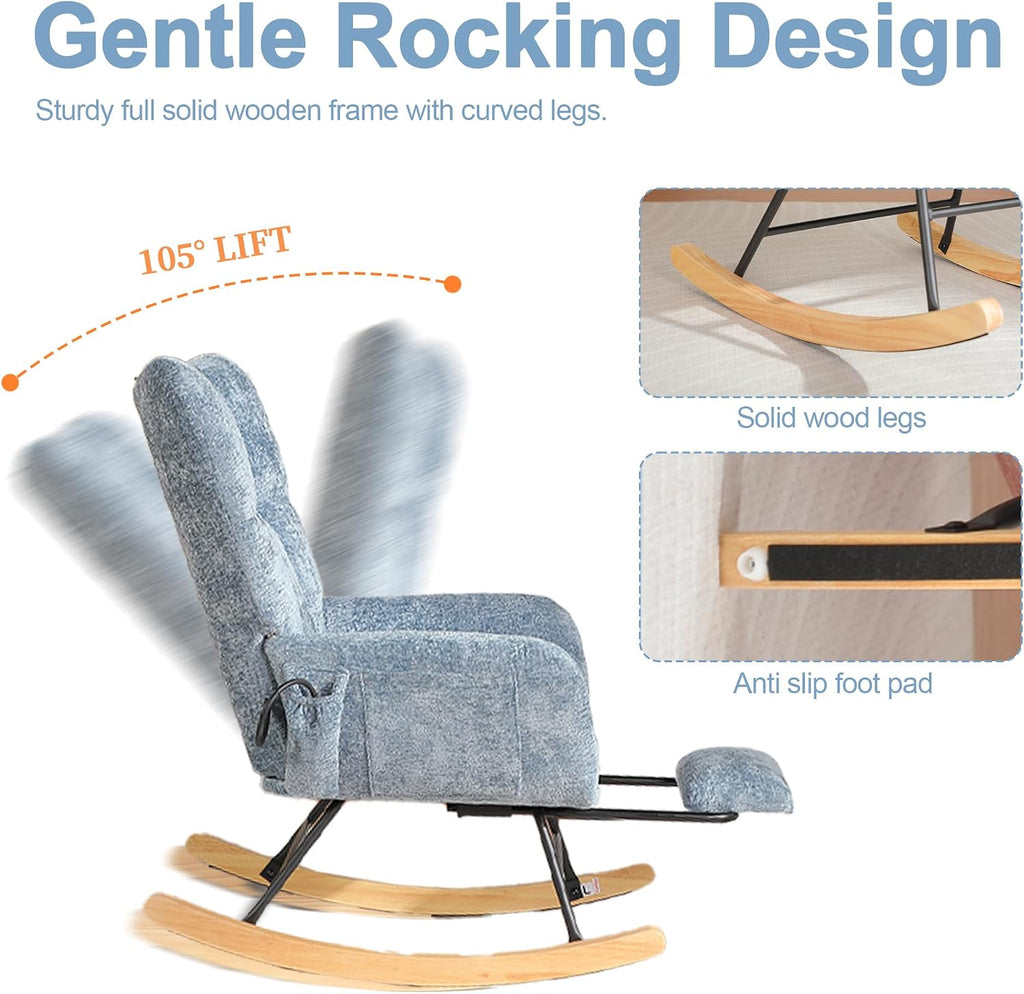 Rocking Chair Nursery with Airbag, Comfy Modern Nursery Rocking Reading Chair Indoor with Footrest, Cozy Upholstered Glider Rocker Chairs for Living Room Bedroom Offices, (Chenille, Blue)