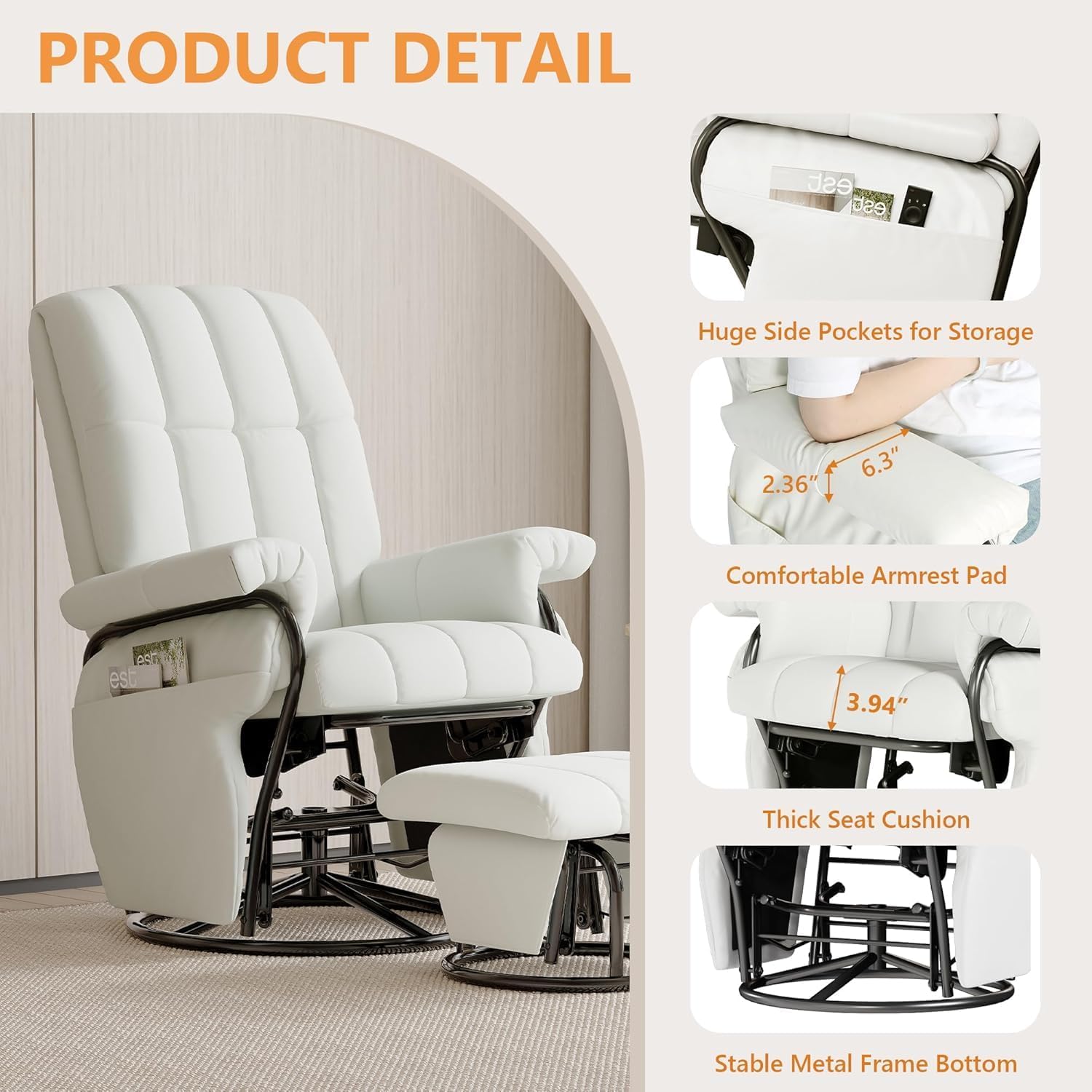 JIASTING 360° Swivel Leather Recliner Chair with Ottoman & Double Side Pockets, Nursing Glider Rocking Recliner Chair, Gliding Chairs for Nursery, Office, Living Room, Bedroom, Metal Frame (White)