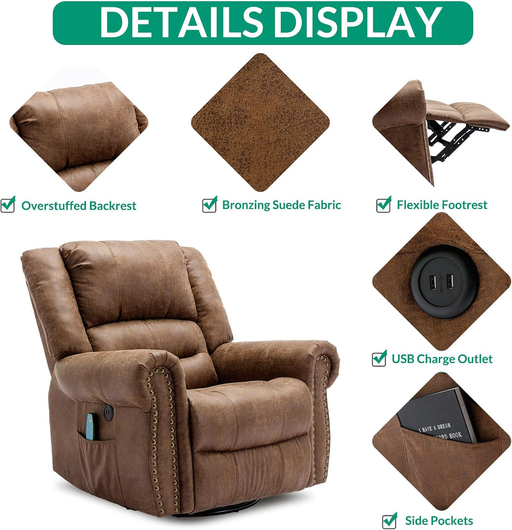 VIVIJASON Massage Swivel Rocker Recliner Chair with Heat & Vibration, 360° Swivel Manual Glider Rocking Reclining Chair with Remote Control, Side Pockets & USB Ports for Living Room, Nut Brown