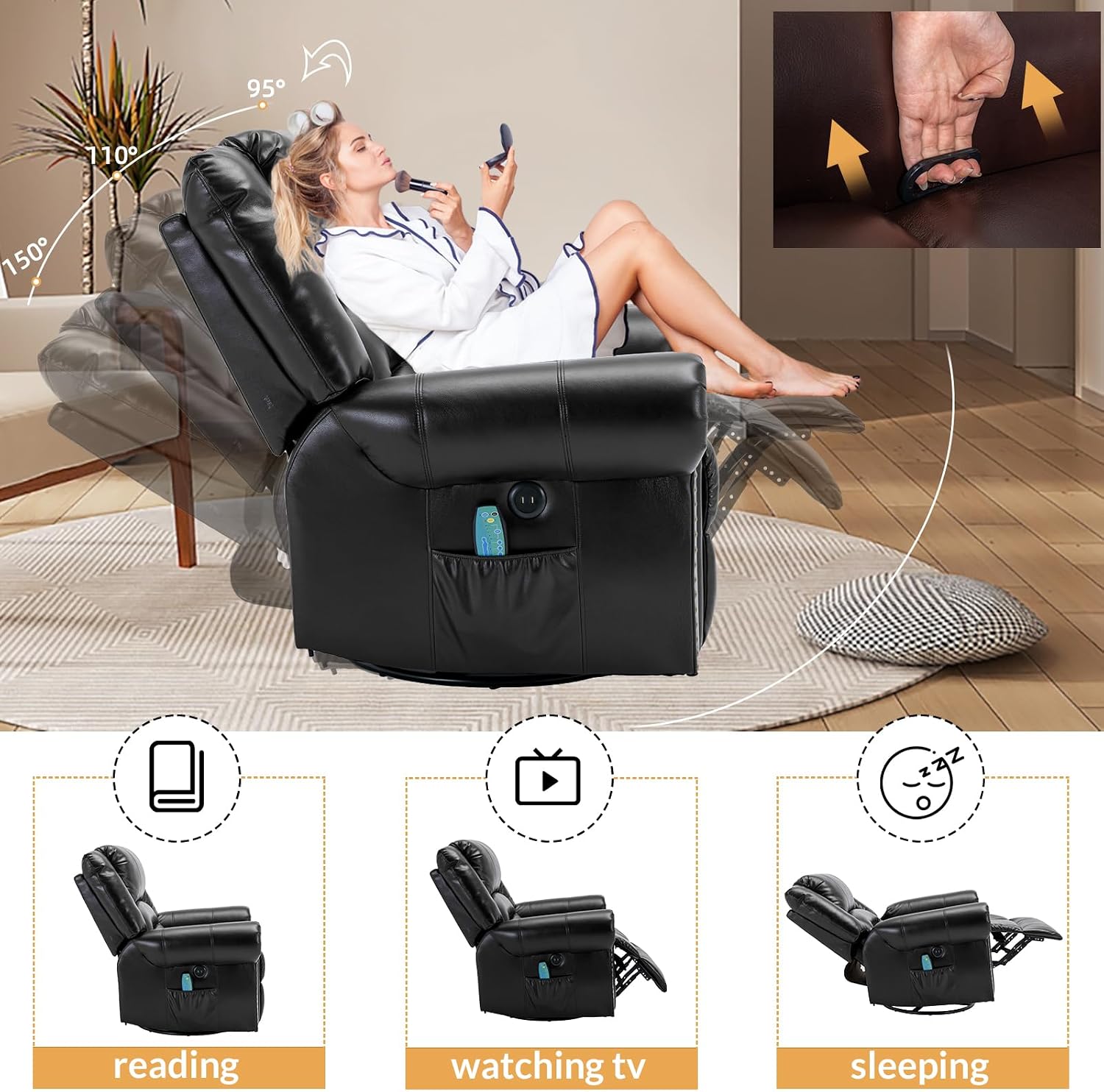 Manual Massage Recliner with Heating Function, 360° Swivel Glider Rocking Recliner Chair for Living Room, Ergonomic Single Sofa Chair with Remote Control/USB Ports/Side Pockets(Black)