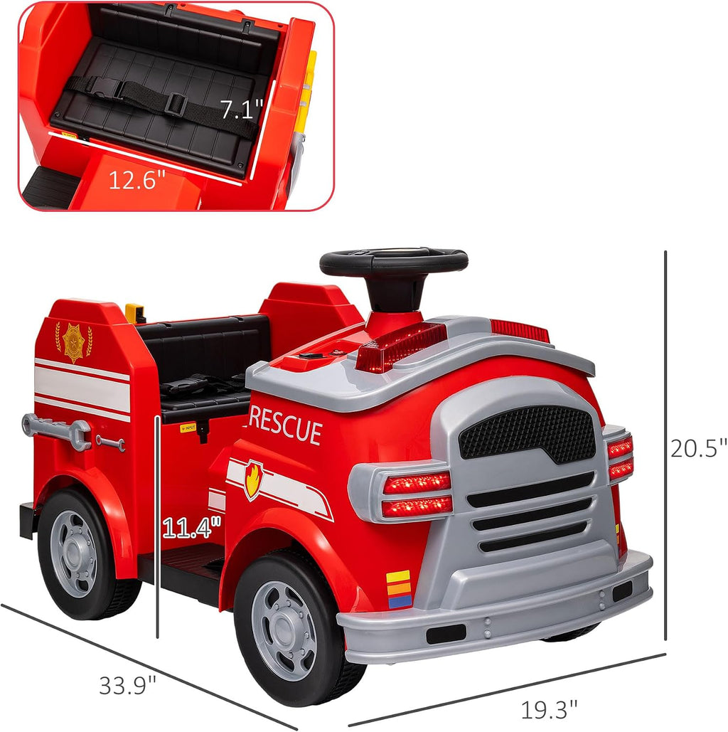 Qaba 12V Ride on Fire Truck, Battery Powered Electric Car for Kids with Siren, Flashing Lights, Fire Extinguisher, Shovel, Wrench, Ladder, Soft Start, Horn Music and, Red