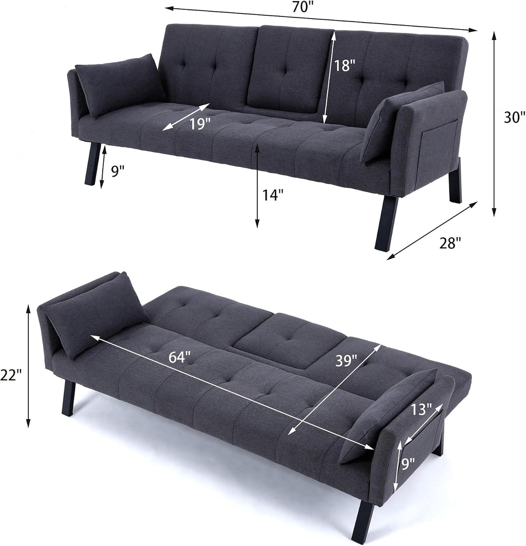 70' Futon Sofa with Cupholders,Adjustable Backrest Cotton Linen with Cup Holders and 2 Throw Pillows Sleeper Sofa for Living Room Apartment Small Space (Dark Grey)