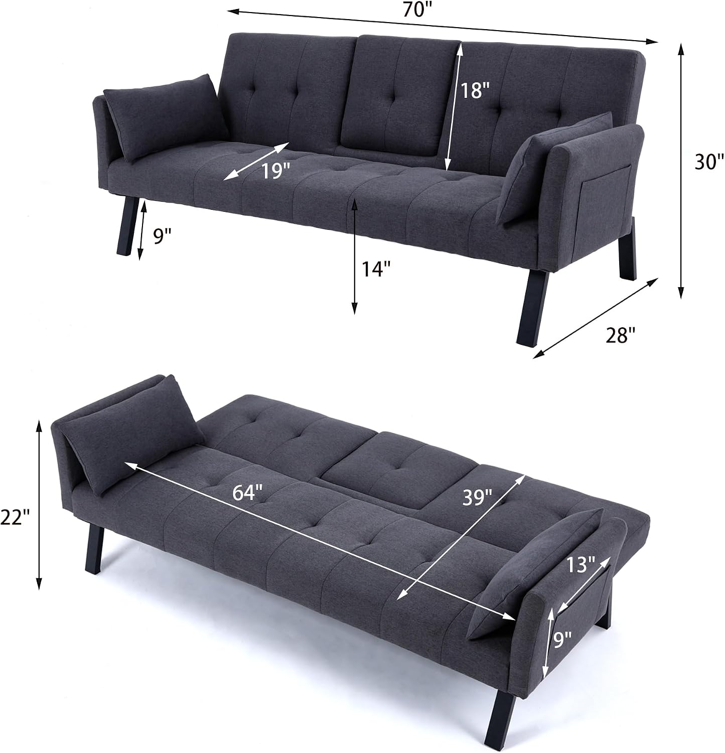 70' Futon Sofa with Cupholders,Adjustable Backrest Cotton Linen with Cup Holders and 2 Throw Pillows Sleeper Sofa for Living Room Apartment Small Space (Dark Grey)