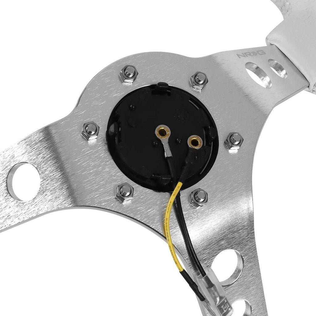 NRG Innovations NRG-RST-006WT-Y Reinforced Steering Wheel 350mm Sport Steering Wheel (3' Deep), Silver Spoke with White Leather Finish and White Stitch