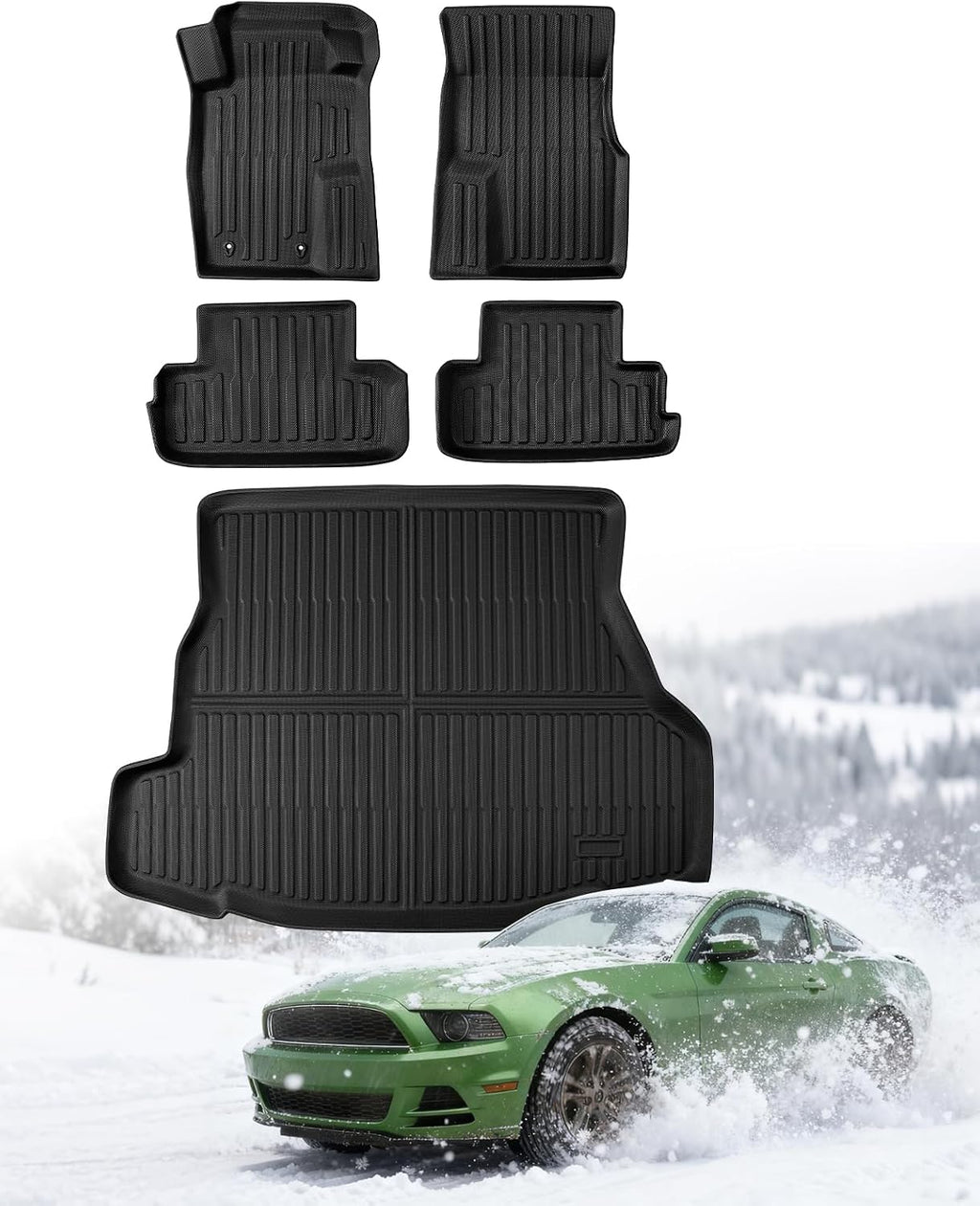 CreekT® Floor Mats & Cargo Liner for Ford Mustang 2010-2014 (Only Fits Coupe, Without Subwoofer in The Trunk) All Weather Rubber Floor Mats for Ford Mustang Accessories 2010 2011 2012 2013 2014(5 PCS)