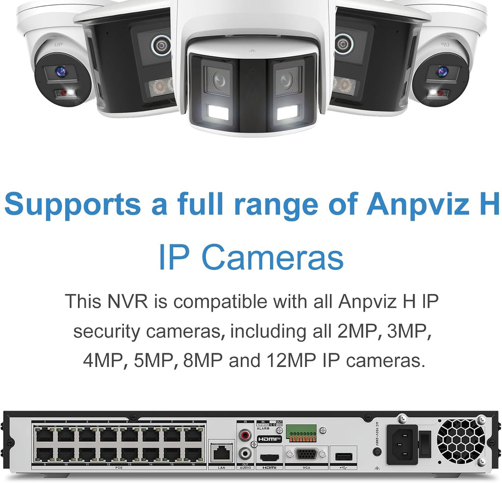 Anpviz 12MP 32CH PoE NVR, 16 Ports H.265+ Network Video Recorder, Supports 12MP PoE IP Cameras, 2 SATA up to 32TB HDD (No HDD), 24/7 Recording for Home Security Camera System NVR7632K2-16P (H Series)
