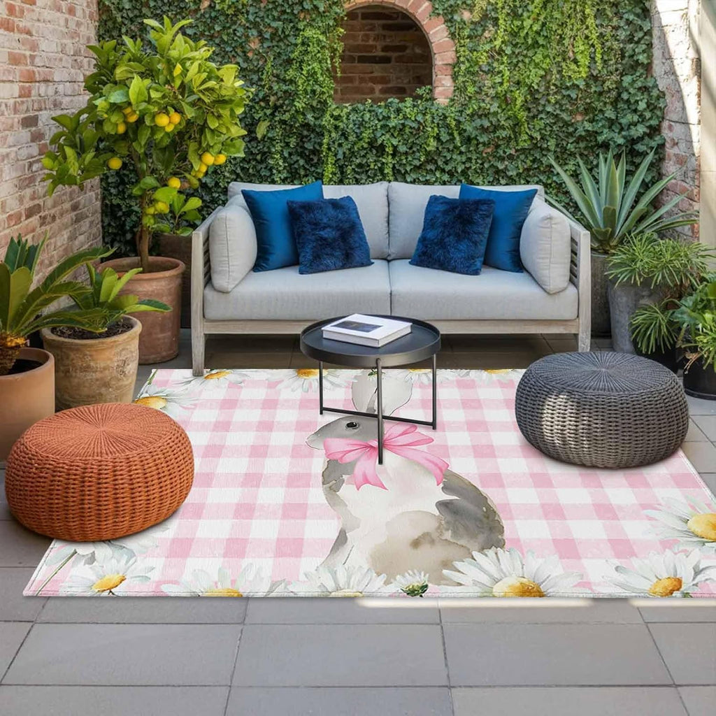 Blue Easter Bunny Outdoor Rug for Patio/Deck/Porch, Non-Slip Large Area Rug 5 x 7 Ft, Spring Daisy Modern Pink Buffalo Plaid Indoor Outdoor Rugs Washable Area Rugs, Camping Rug Carpet Runner