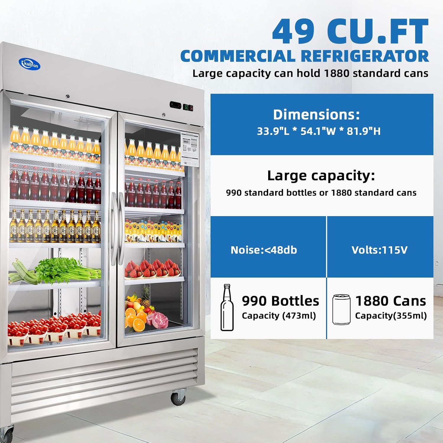 49 Cu.Ft Commercial Beverage Refrigerator, Glass Door Drink Fridge with LED Light, 8 Adjustable Shelves, Lockable Upright Merchandiser for Restaurant, Supermarket, Gym, Cafe