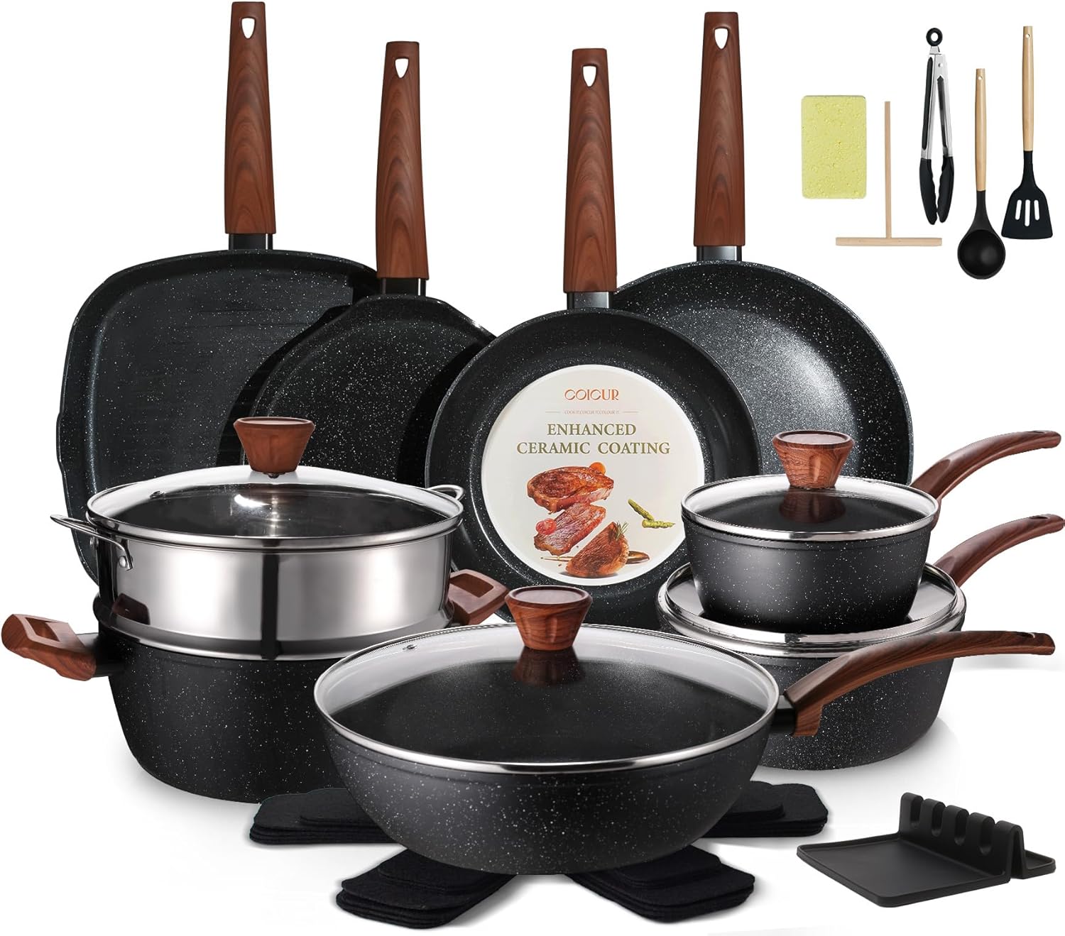 26Pcs Pots and Pans Nonstick Ceramic Cookware Set Nontoxic Kitchen Cooking Set with Steamers Utensils Induction Compatible, PFAS/PFOA Free, Oven and Dishwasher Safe, Black