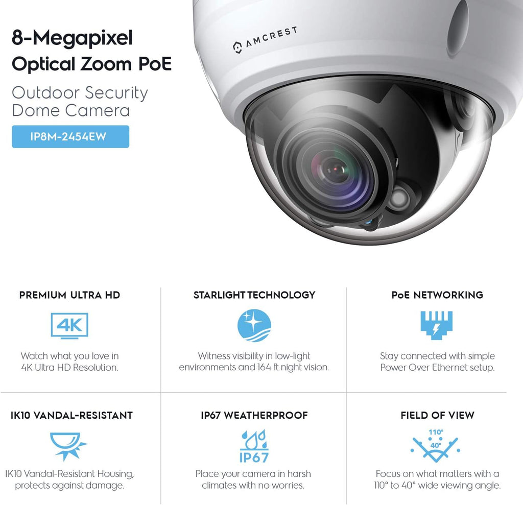 Amcrest UltraHD 4K Varifocal PoE Dome Outdoor Security Camera, 4K (8-Megapixel) 3840x2160P, 164ft Night Vision, 4X Optical Zoom, Motorized Varifocal Lens 58°-110°, White (REP-IP8M-2454EW) (Renewed)