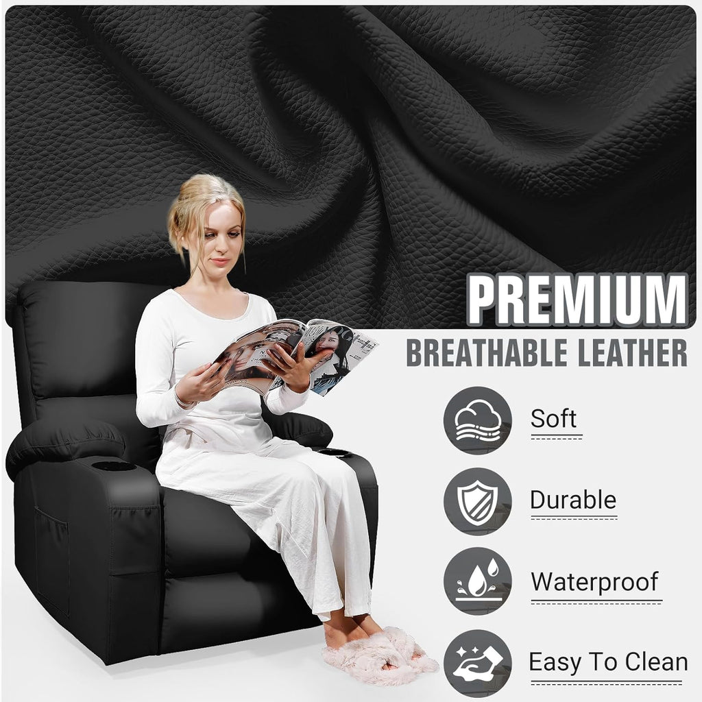 LEVELEVE Rocking Recliner Chair, Massage Rocker Recliner Chair with Vibration Massage and Heat, USB and Type-C Ports,360° Swivel Faux Leather Chairs, Living Room, Bedroom, Nursery, RV, Black