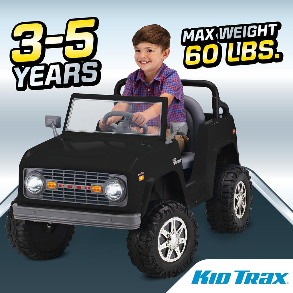 Kid Trax 6V Ford Bronco Ride-On Toy for Ages 3-5, Battery Powered, LED Headlights, FM Radio, MP3, Horn Sounds, Max Weight 60 lb, Electric Car for Kids, Kids Ride On Toys, Truck, SUV, Black, No Remote