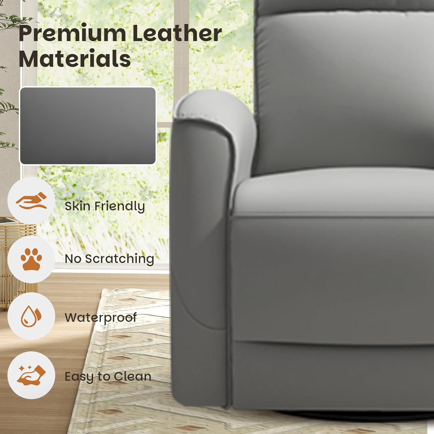CANMOV Rocker Recliner Chair,360°Swivel Nursery Glider Recliner,Manual Recliner Sofa with Padded Armrest and Backrest,Leather Recliner for Small Spaces,Living Room,Bedroom (Grey)
