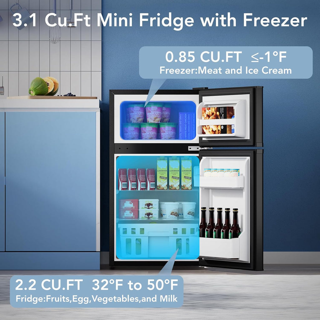 Electactic Mini Fridge with Freezer, 3.2 Cu.Ft Compact Refrigerator with 2 Doors, Small Fridge with Adjustable Thermostat & Removable Glass Shelves for Bedroom, Office, Dorm, or Apartment, Black