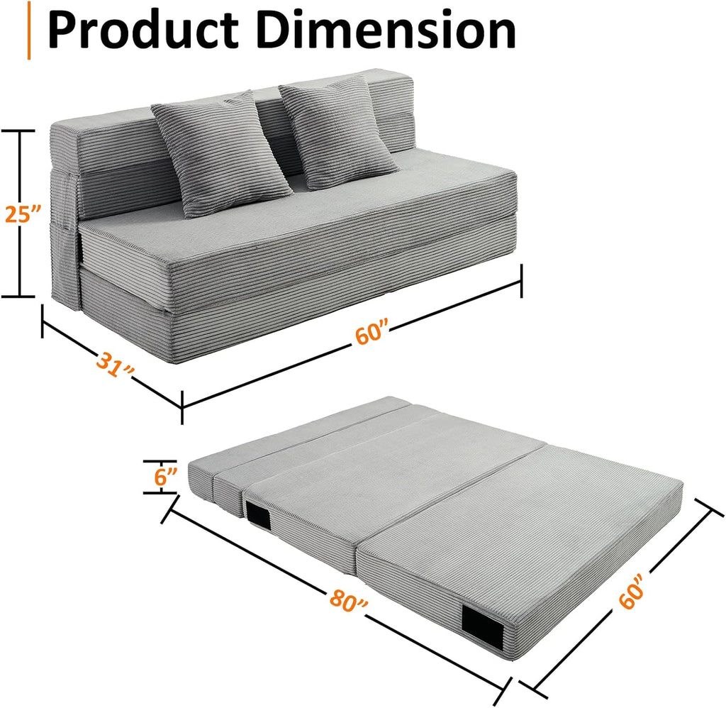 JKMAX Queen Size Folding Sofa Bed - 4 in 1 Convertible Sleeper Chair with Two Pillows - High Density Memory Foam Futon Couch - Foldable Bed for Living Room Bedroom (Dark Grey)