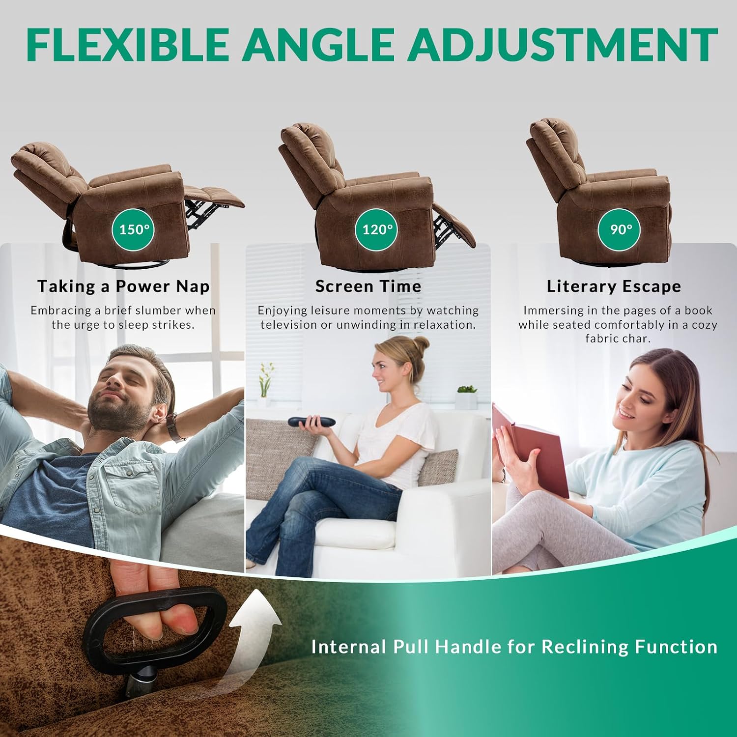 VIVIJASON Massage Swivel Rocker Recliner Chair with Heat & Vibration, 360° Swivel Manual Glider Rocking Reclining Chair with Remote Control, Side Pockets & USB Ports for Living Room, Nut Brown