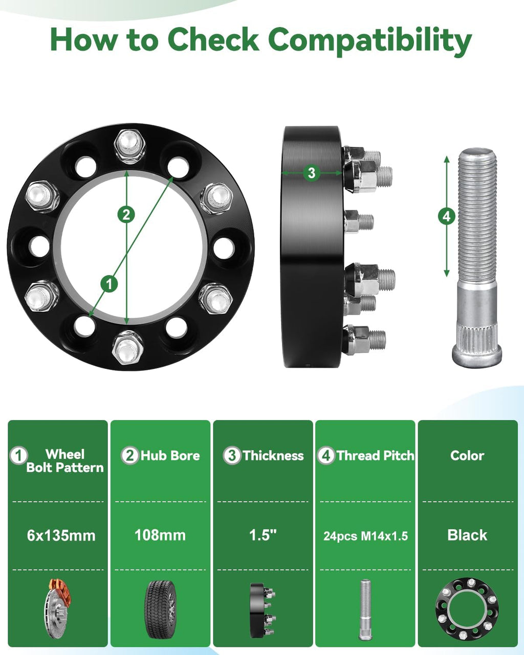 6x5.5 to 6x135 Wheel Spacers for Silverado Tahoe Suburban Yukon Sierra, 1.5 Inch 6x139.7 to 6x135 Wheel Adapters 108mm Center core with M14x1.5 Studs