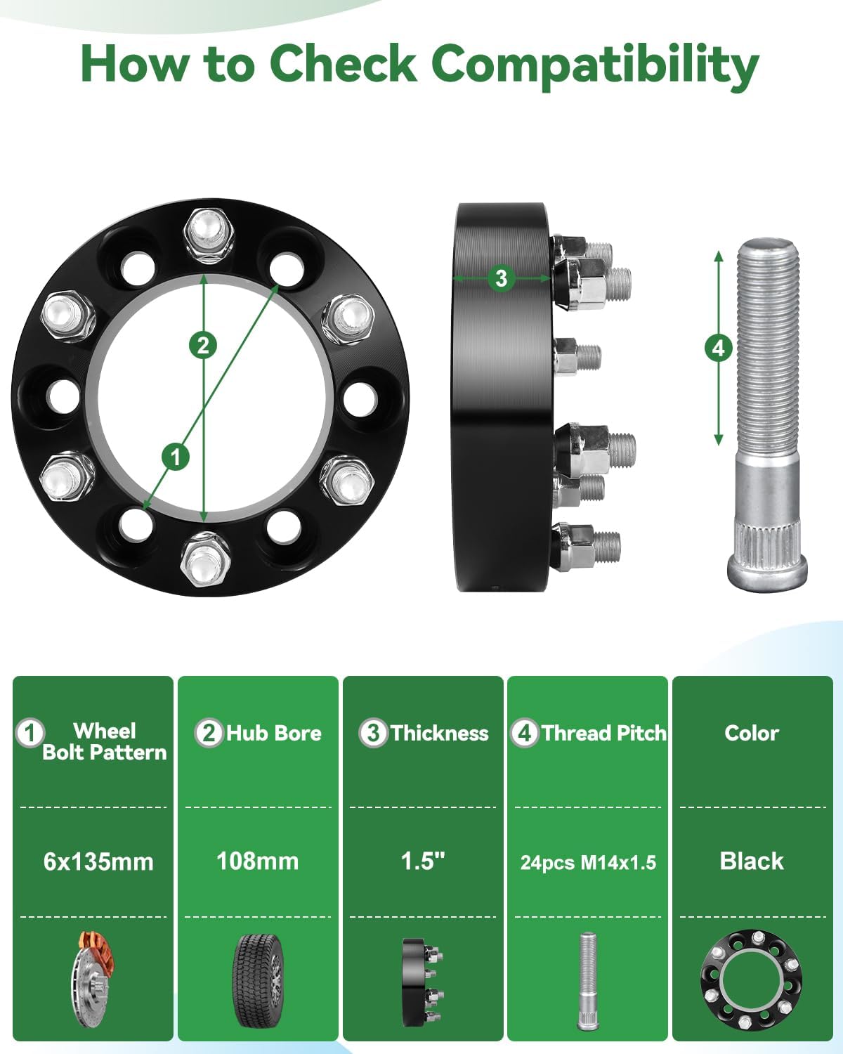 6x5.5 to 6x135 Wheel Spacers for Silverado Tahoe Suburban Yukon Sierra, 1.5 Inch 6x139.7 to 6x135 Wheel Adapters 108mm Center core with M14x1.5 Studs