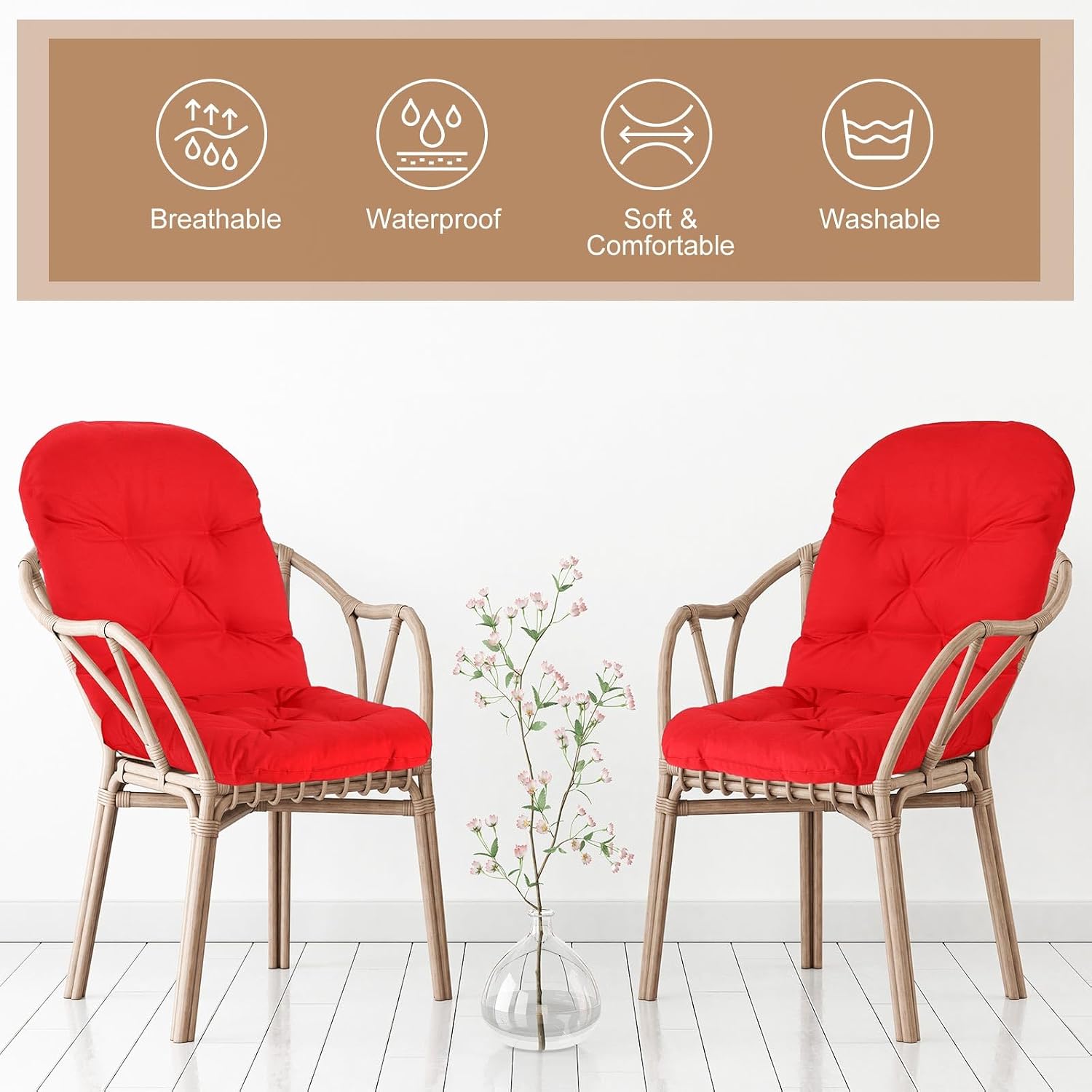 Drydiet 4 Set Outdoor High Back Chair Cushions 47 x 20 Inch Rocking Chair Cushions Waterproof Fade Resistant Comfort Replacement Seat Pads with Ties for Patio Lawn Yard Porch Home Office(Red)
