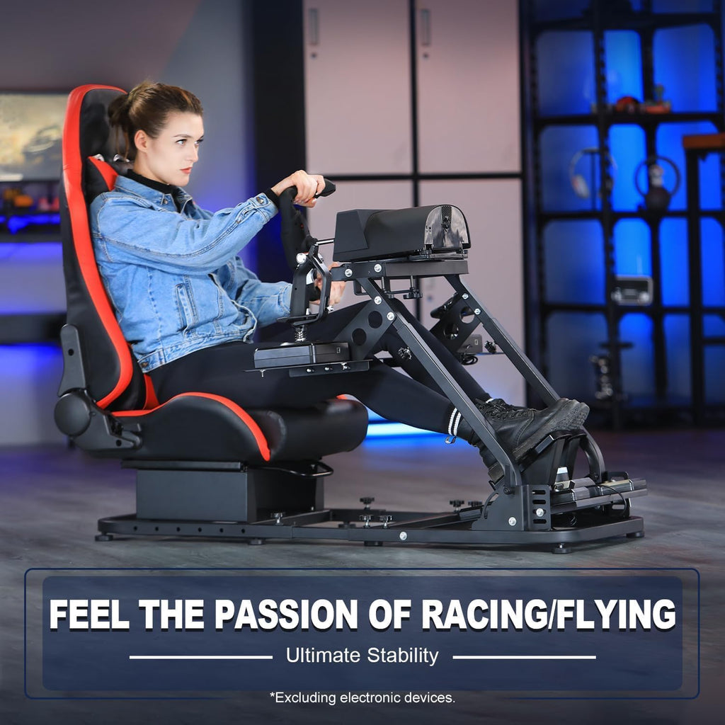 Marada Flight Sim Cockpit with Red Seat and Racing Wheel Stand for Driving and Flight Simulator Fit for Thrustmaster HOTAS Warthog, for Logitech Adjustable |Throttle,Joystick,Keyboard not Included