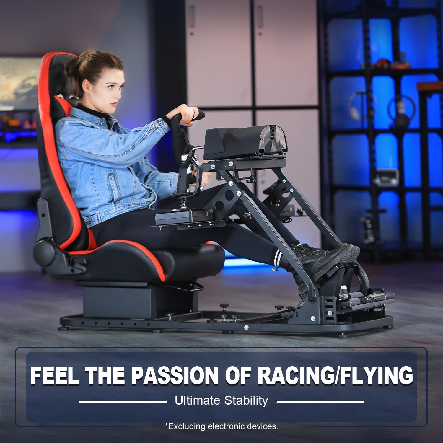 Marada Flight Sim Cockpit with Red Seat and Racing Wheel Stand for Driving and Flight Simulator Fit for Thrustmaster HOTAS Warthog, for Logitech Adjustable |Throttle,Joystick,Keyboard not Included