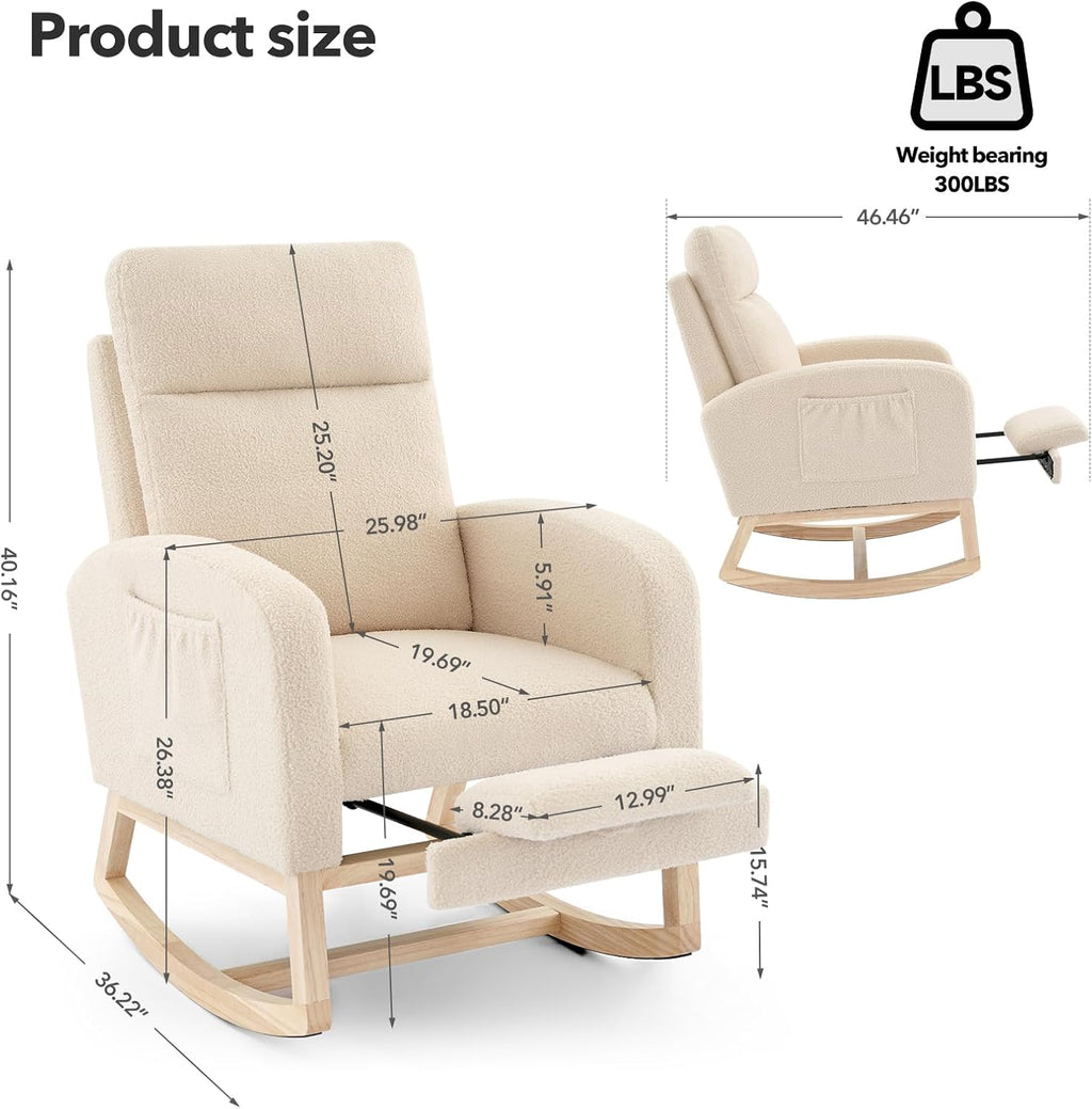 Modern Nursery Rocking Chair, Teddy Upholstered Rocking Chair with Footrest, Comfortable Rocker Recliner with Side Pocket, Rocker Glider for Living Room, Bedroom, Nursing Room
