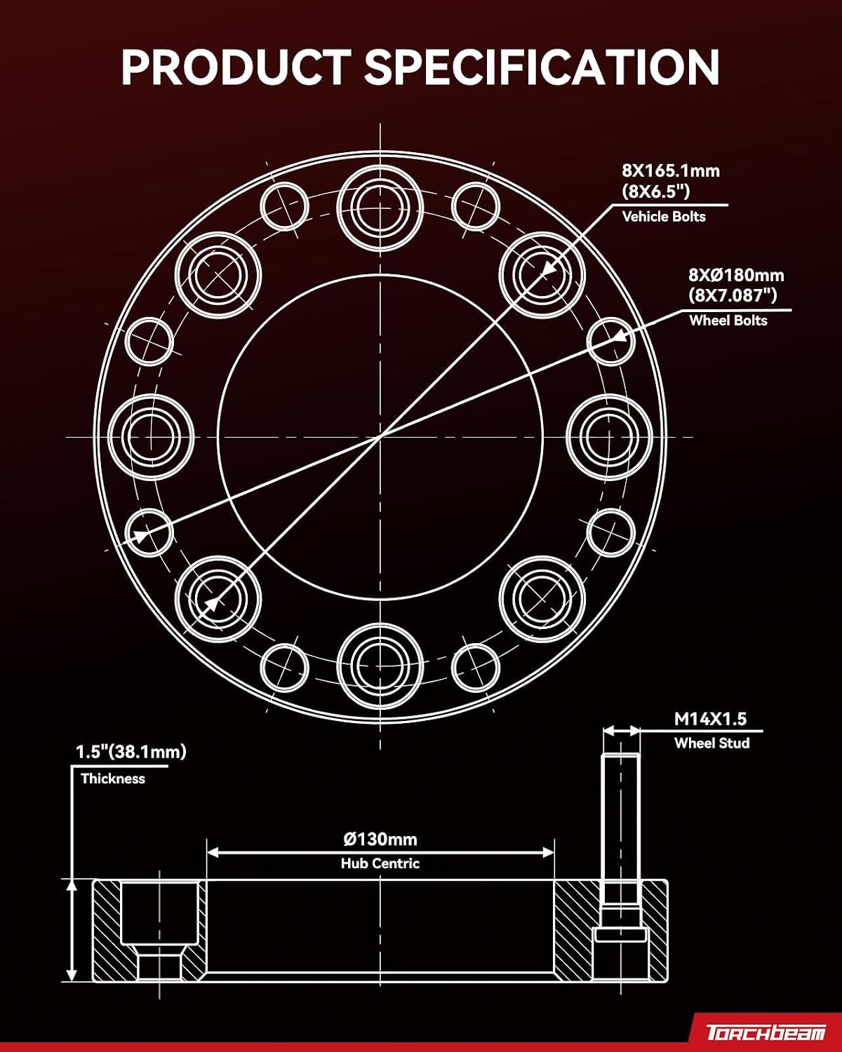 Torchbeam 8x6.5 to 8x180 Wheel Adapters 1.5 inch, M14X1.5 Thread Pitch, 130mm Hub Bore for Silverado 2500 HD, Express 3500, Express 2500, K2500, Savana 2500, Silverado 2500, Change Bolt Partern, 4pcs