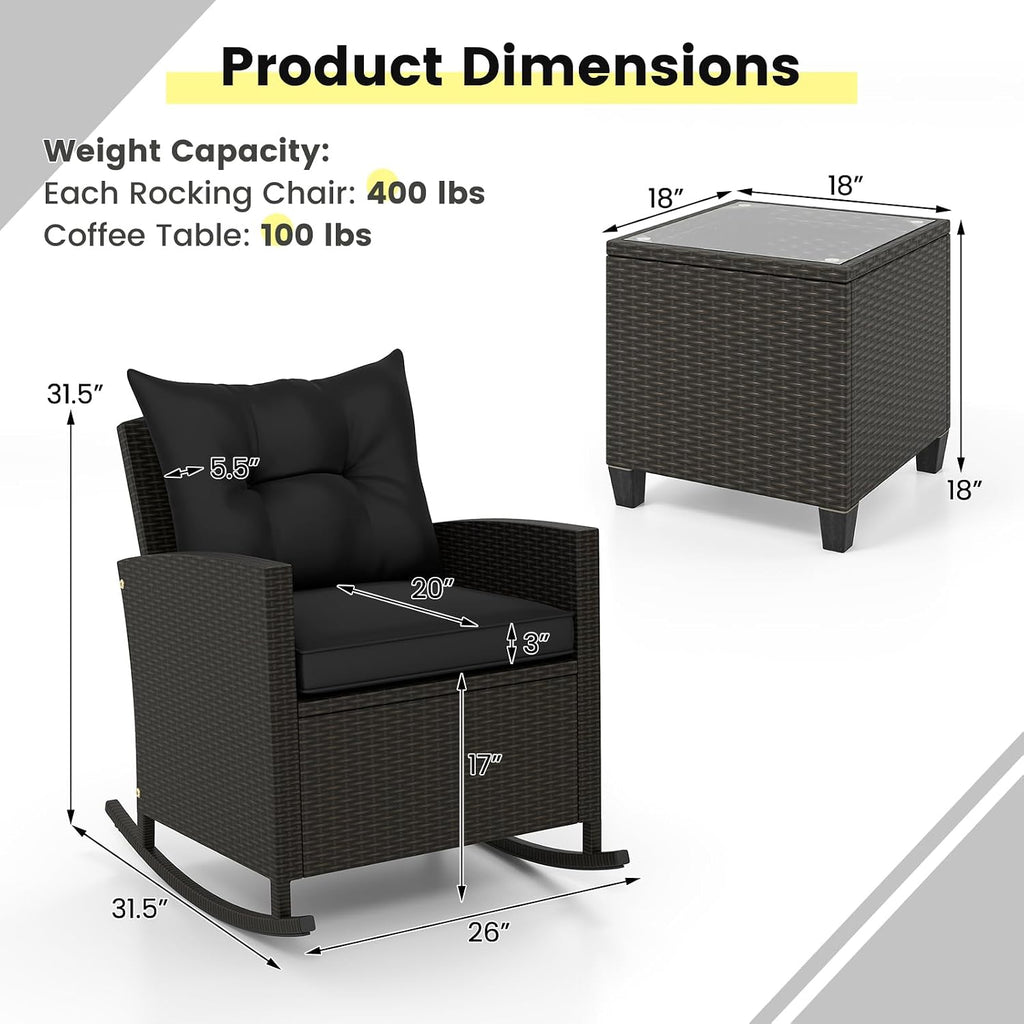 Tangkula 3 Piece Wicker Rocking Set, Patio Rattan Roker Chairs with Tempered Glass Table & Soft Cushions, Outdoor Furniture Set for Backyard, Poolside Porch (Black)