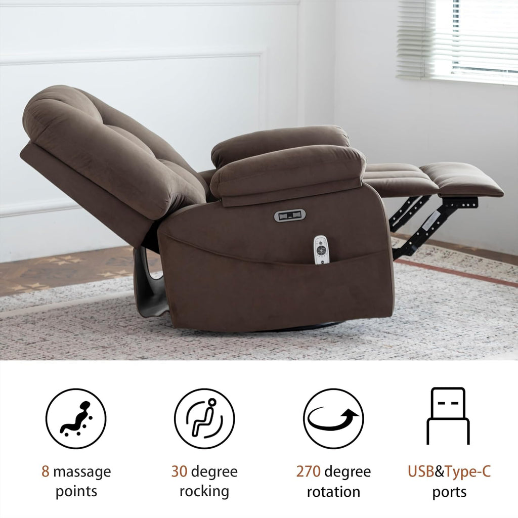 Ketaiyou Power Swivel Rocker Recliner with Massage and Heat, USB and Type-C Port, Infinite Position, Electric Glider Rocking Chairs Living Room, Soft Fabric Reclining Sofa Chair (Velvet Brown)