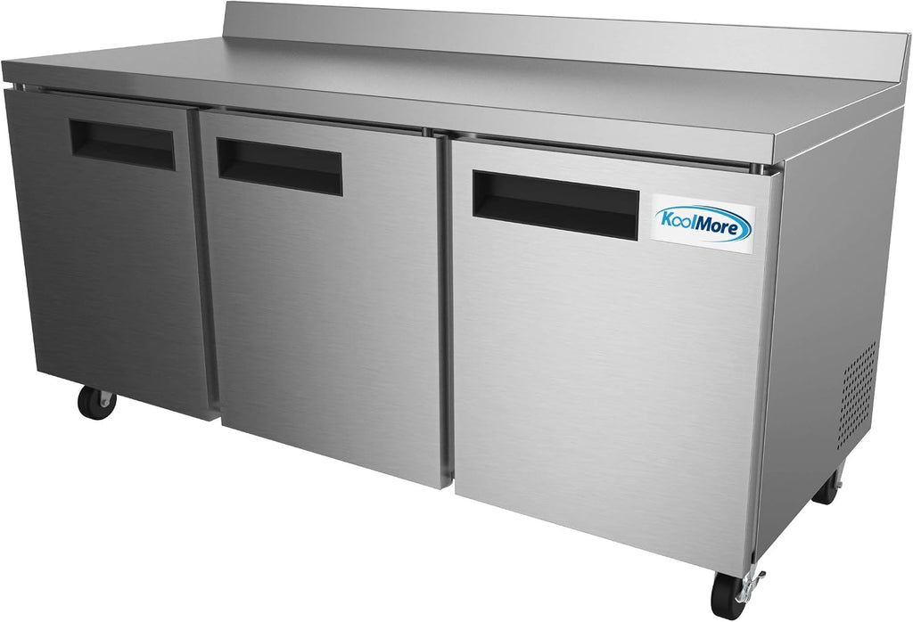 KoolMore 72' Stainless Steel 3 Door Worktop Commercial Refrigerator with 3 1/2 Backsplash - 16.9 cu.ft, Model: RWT-3D-16C