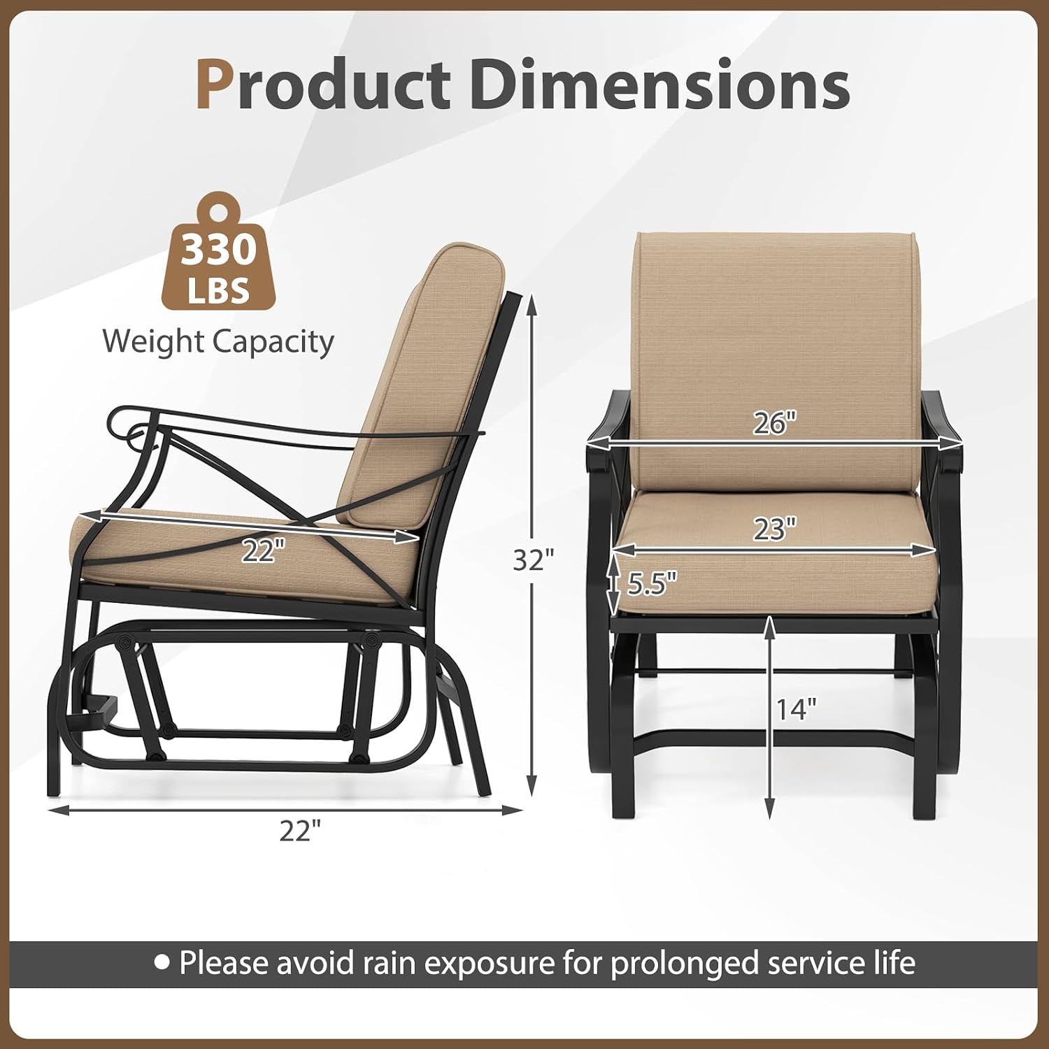 Tangkula Outdoor Glider Rocking Chair, Patio Gliding Chair Furniture with Metal Frame and Thick Cushions for Porch, Balcony, Garden and Yard (2 Pack)