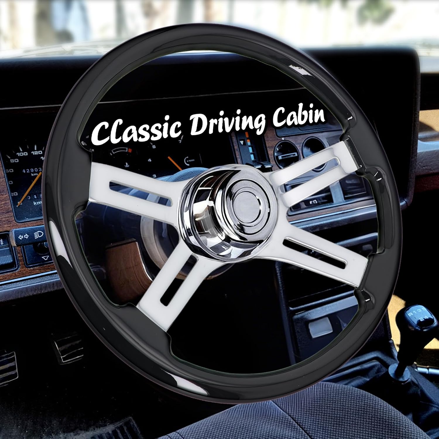 Sorghum 18' Solid Wood Steering Wheel - 4 Spokes Aluminum Chrome Classic Steering Wheel with Horn Button for Semi-Trailers Trucks Compatible with Mack Kenworth Peterbilt Volvo Freightliner-Black