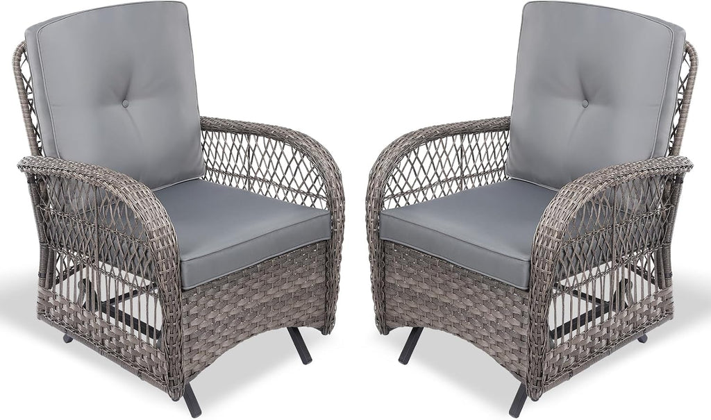 VIVIJASON 2-Piece Outdoor Wicker Glider Rocking Chair, Patio Rattan Swing Glider Chairs with Cushions & Steel Frame, All-Weather Gliding Lawn Wicker Furniture for Garden Backyard Porch, Grey