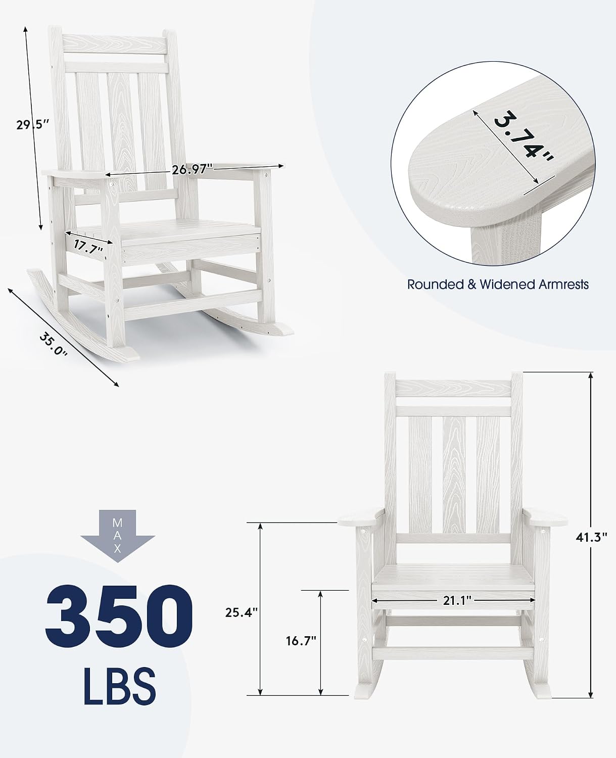 KINGYES Oversized Outdoor Rocking Chair Set of 6, All-Weather Patio Rocking Chairs for Porch, HDPE Outdoor Patio Recliner Rockers with High Back & Wide Seat for Garden, Lawn, White