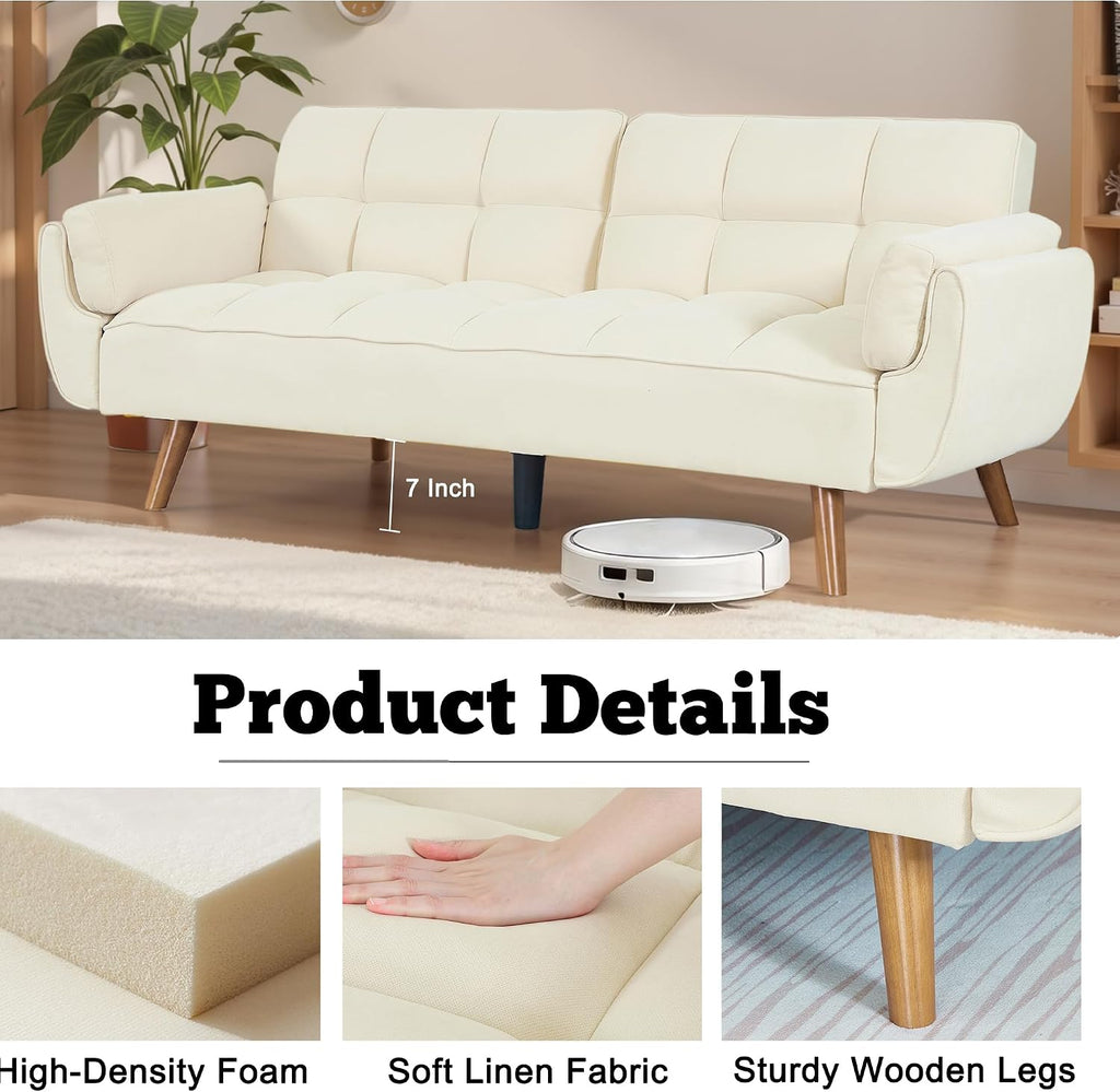 Convertible Futon Sofa Bed, Sleeper Couch Bed with Adjustable Backrests, Linen 3 Seater Small Couches for Small Spaces, Living Room, Bedroom(Beige, 75')