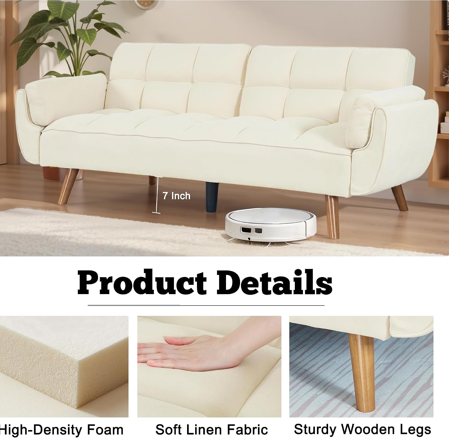 Convertible Futon Sofa Bed, Sleeper Couch Bed with Adjustable Backrests, Linen 3 Seater Small Couches for Small Spaces, Living Room, Bedroom(Beige, 75')