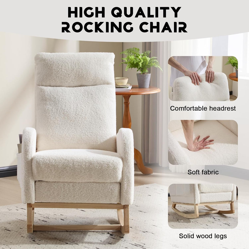 Rocking Chair Nursery with Foot Rest, Sherpa Nursing Rocking for Mom Nursery Rocker Chair with High Backrest, Armchair Rocker Glider with Side Pocket for Living Room, Bedroom, Teddy White