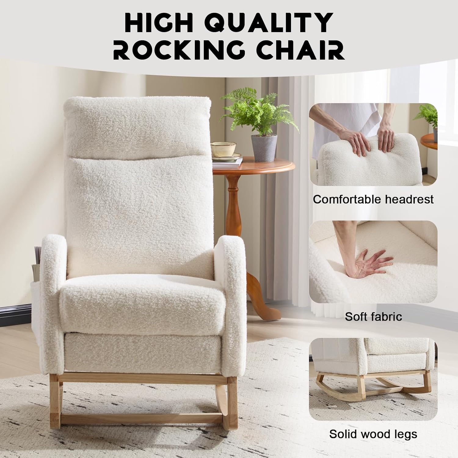 Rocking Chair Nursery with Foot Rest, Sherpa Nursing Rocking for Mom Nursery Rocker Chair with High Backrest, Armchair Rocker Glider with Side Pocket for Living Room, Bedroom, Teddy White